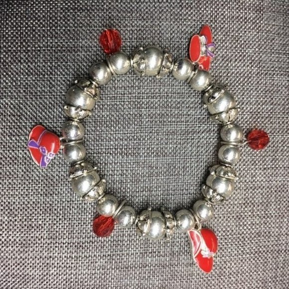 Red Hat Society Bracelet Purple Enamel Silver Charms Stretch Faceted Bead Dangle - Picture 1 of 6